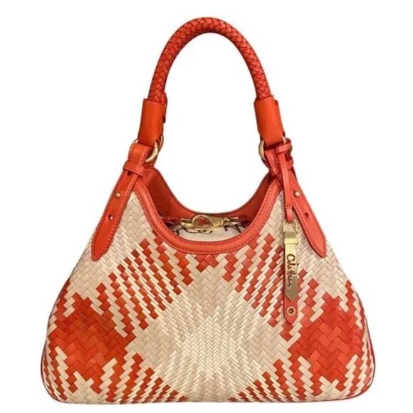 💕COLE HAAN💕 Genevieve Woven Weave Triangle Tote ~ Orange & Ivory NWOT - Picture 1 of 14